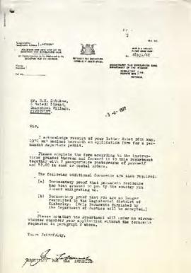 Letter to Sobukwe from Secretary for the Interior requesting additional documents