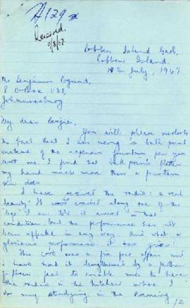 Robert Sobukwe: Letter to B Pogrund from Robben Island
