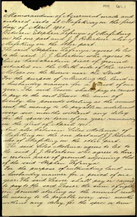 1901 April 1. Memorandum of agreement between Stephen Lefenya, lessor, J J Robertson, lessee, of ...