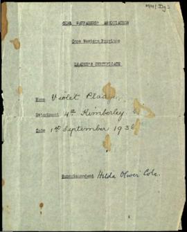 Girl Wayfarers' Association. Cape Western Province. Leader's Certificate. Issued to Violet Plaatje