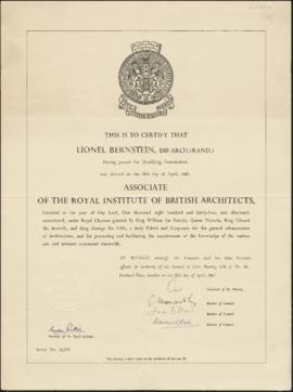 Certificate stating Lionel Bernstein as Associate of the Royal Institute of British Architects