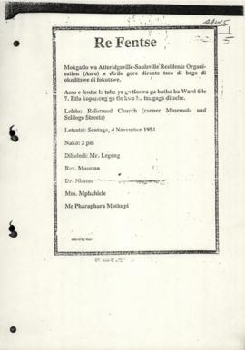 Leaflet issued by Atteridgeville/Saulsville Residents' Organisation re meeting