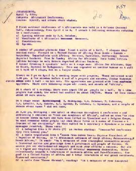 Benjamin Pogrund: Typed notes; Subject: Africanist Conference, Source: Pogrund and others