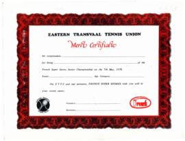 Merit Certificate of participation in French Super Stores Junior Championship, 7 May, 1978