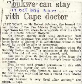 Rand Daily Mail: Sobukwe can stay with Cape doctor