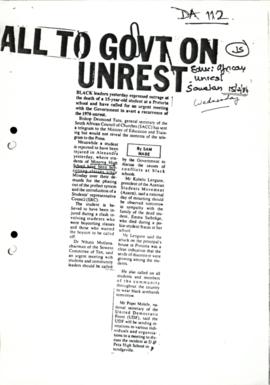 Press Cutting, Sowetan (15/2/1984): Call to government on unrest