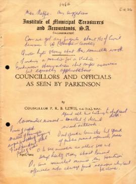 Councillors and officials as seen by Parkinson: address by P.R.B. Lewis to the Institute of Munic...