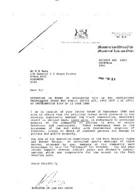 Letter from the Minister of Law and Order concerning membership of Fort Beaufort Soccer and Rugby...