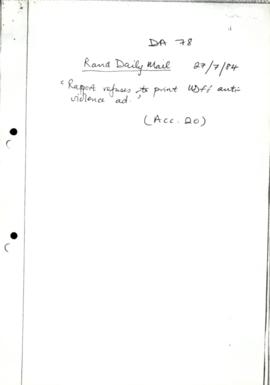 Press Cutting, RDM, (27/7/1984); Rapport refuses to print UDF's anti-violence ad