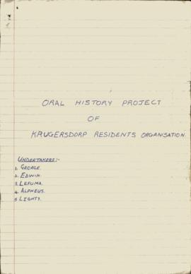 ORAL HISTORY PROJECT OF KRUGERSDORP RESIDENTS ORGANISATION (KRO)