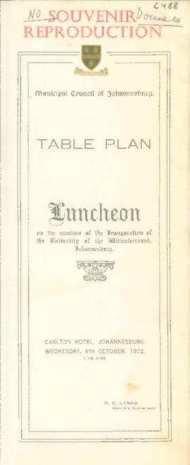 Souvenir reproduction of the table plan for the luncheon hosted by the Municipal Council of Johan...