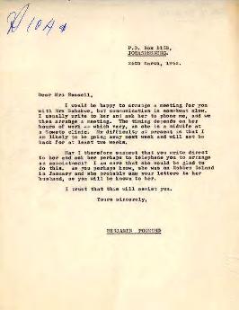 Benjamin Pogrund: Letter to Mrs Russell, typed re meeting with Mrs Sobukwe