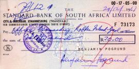 Benjamin Pogrund: Cheques (four, cancelled) for Robben Island, hotel, outfitters
