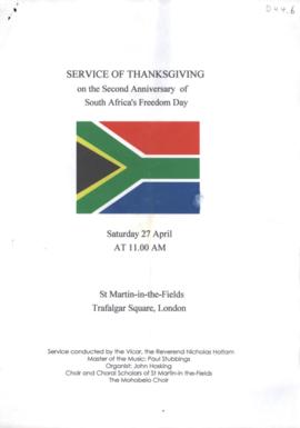 Service of Thanksgiving on the Second anniversary of South Africa's Freedom Day