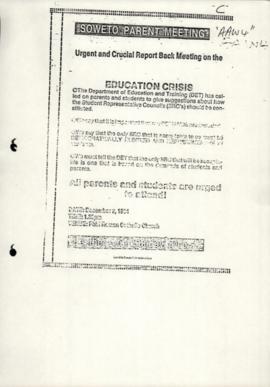 Leaflet issued by Soweto Parents' Committee re Education Crisis