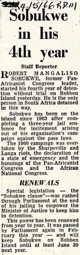 Rand Daily Mail: Sobukwe in his 4th year