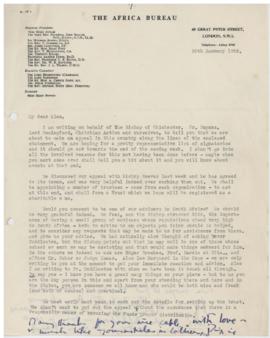 Correspondence between A. Paton in Durban and Pixie (Benson) in London of the Africa Bureau re fu...