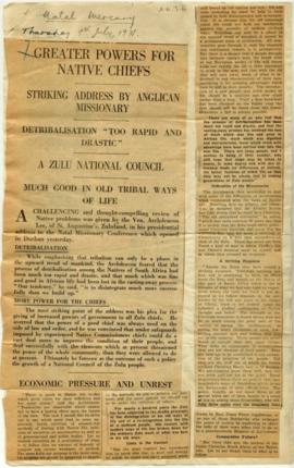 Article entitled 'Greater Powers for Native Chiefs', striking address by Anglican Missionary, det...
